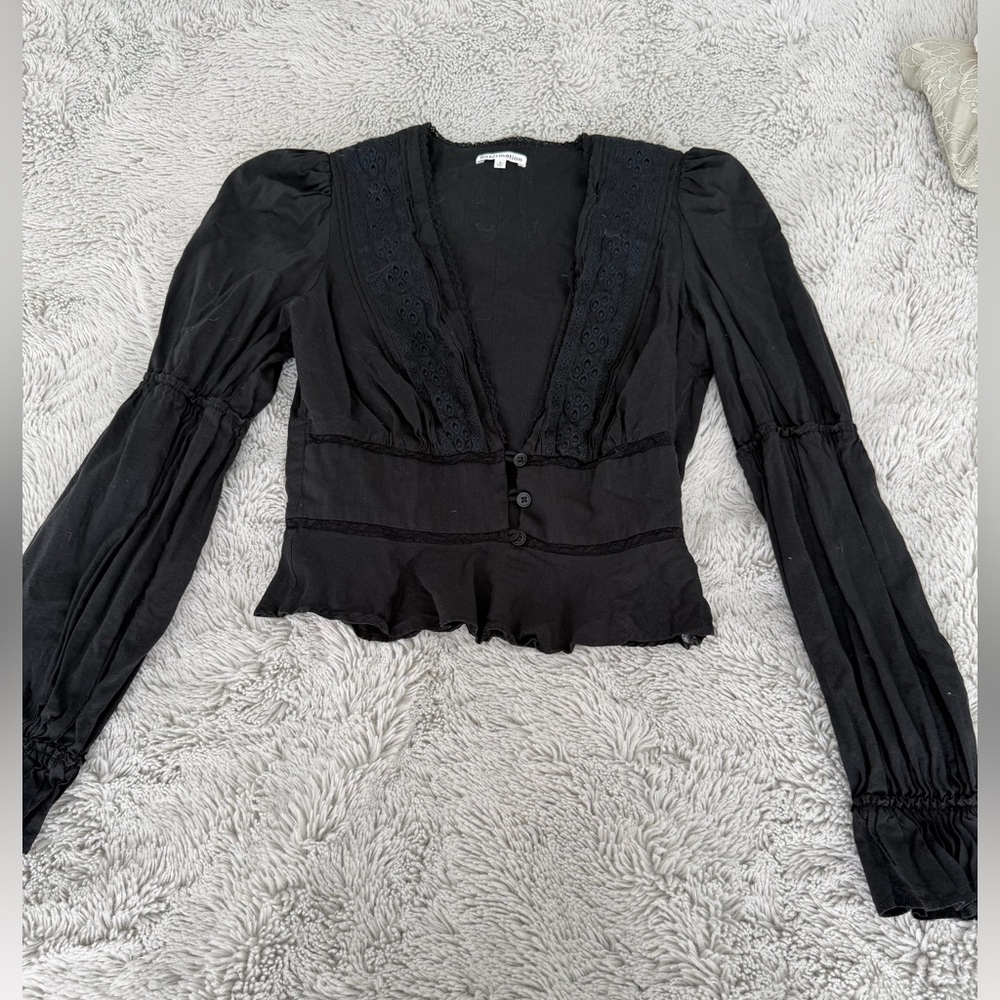 Reformation Black Lace Trim Blouse